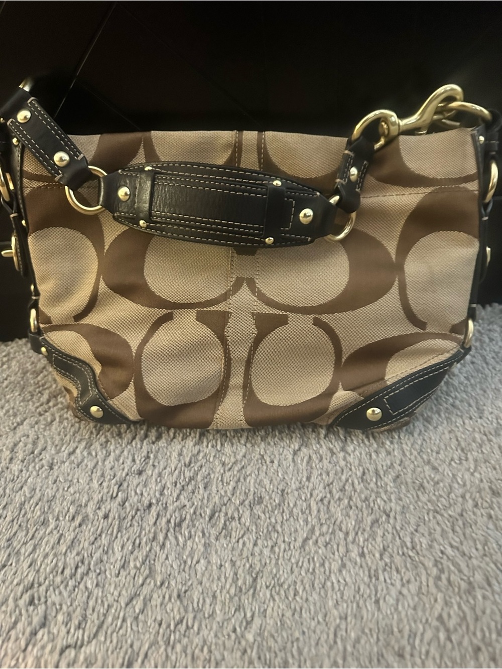 Coach Brown Signature Canvas Shoulder Bag with Black Trim